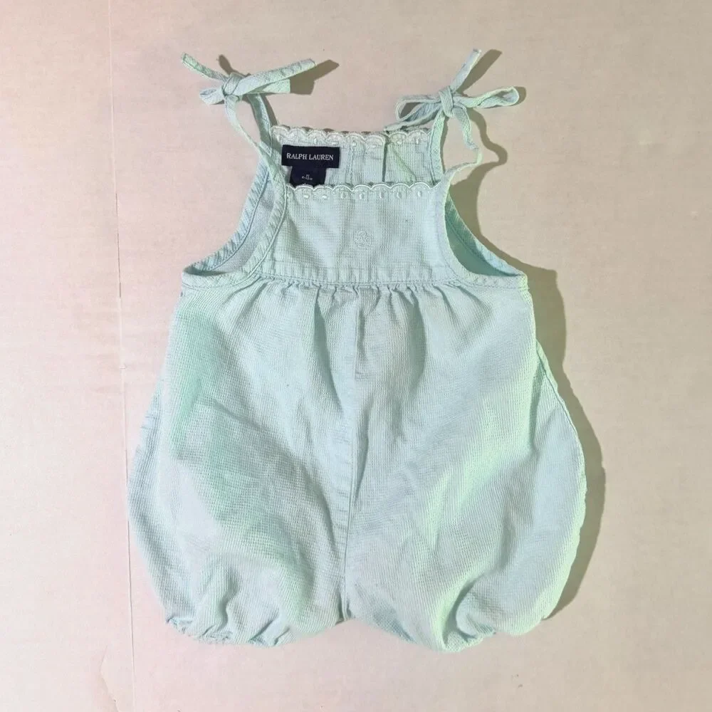 Ralph Lauren, Baby Balloon Scalloped Blue Bow Bubble Romper, 6-12m Summer Girl's